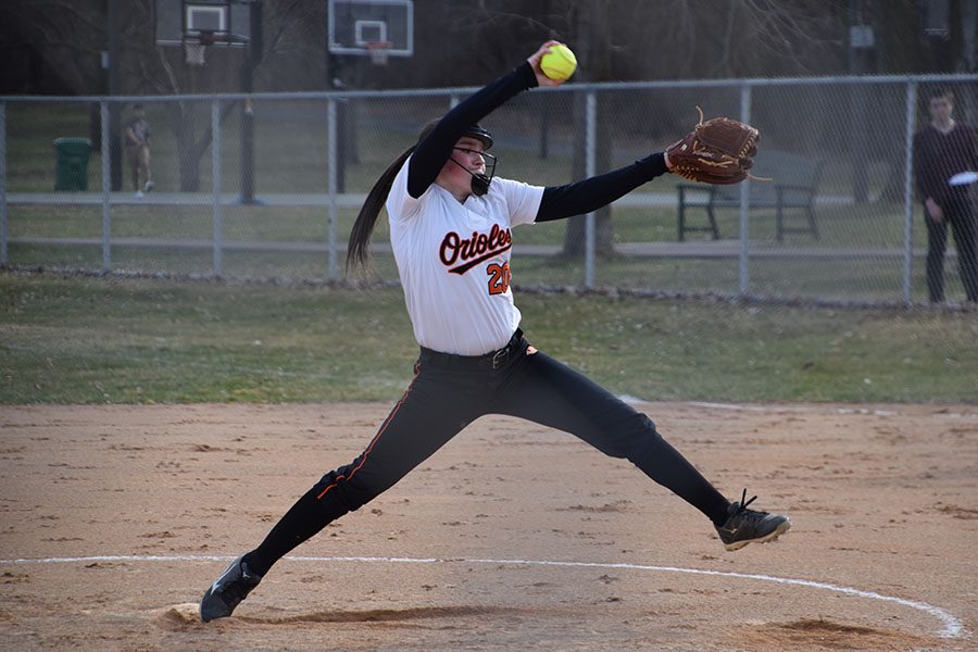 Park Softball Captain Annabelle Schutte pitches at the first game of the season. Park faced Jefferson High School on April, 5 and lost 0-15.  