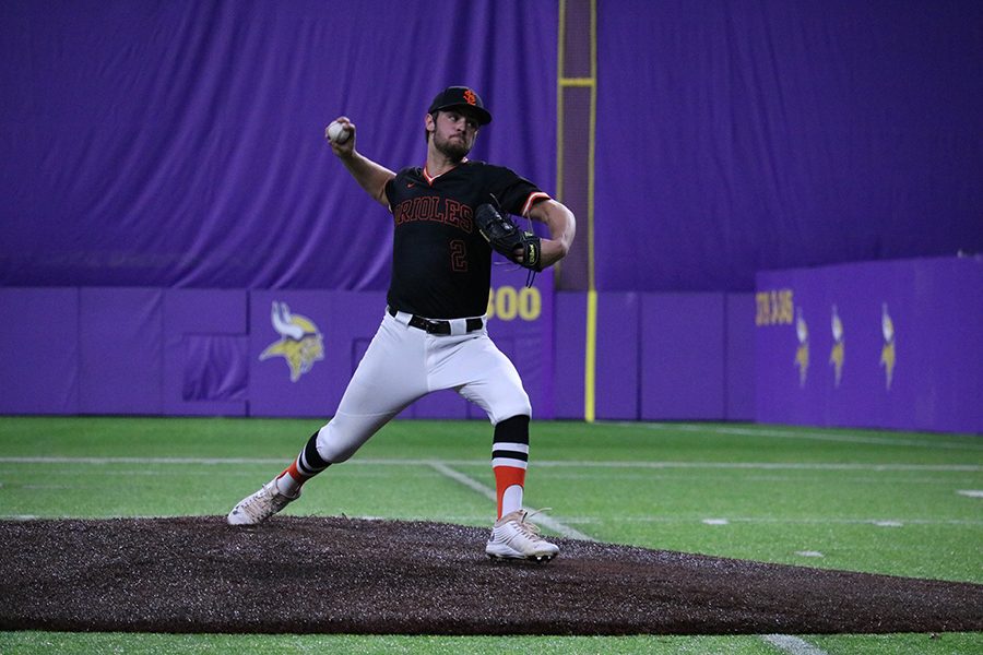 Senior Captain Jack Elias winds up to throw a pitch against Richfield on Tuesday April 17. Park beat Richfield 9-2 earning their first win of the season. 