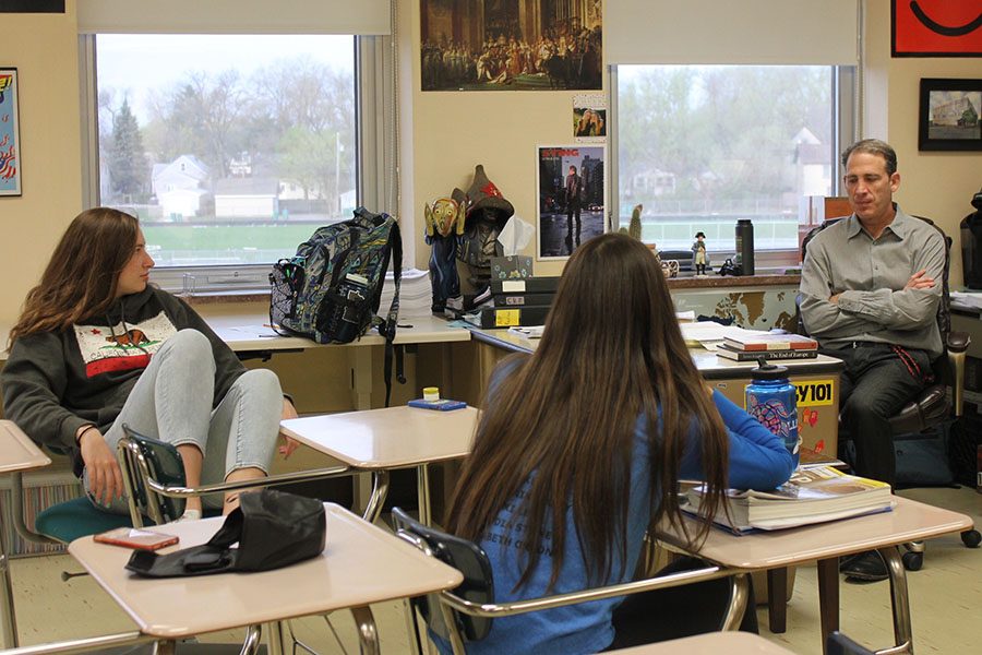 Sophomore AP European History students Libby Ramspurger and Claudia Stone attend a morning review session with teacher Jeff Cohen on April 24 to prepare for the upcoming AP test.