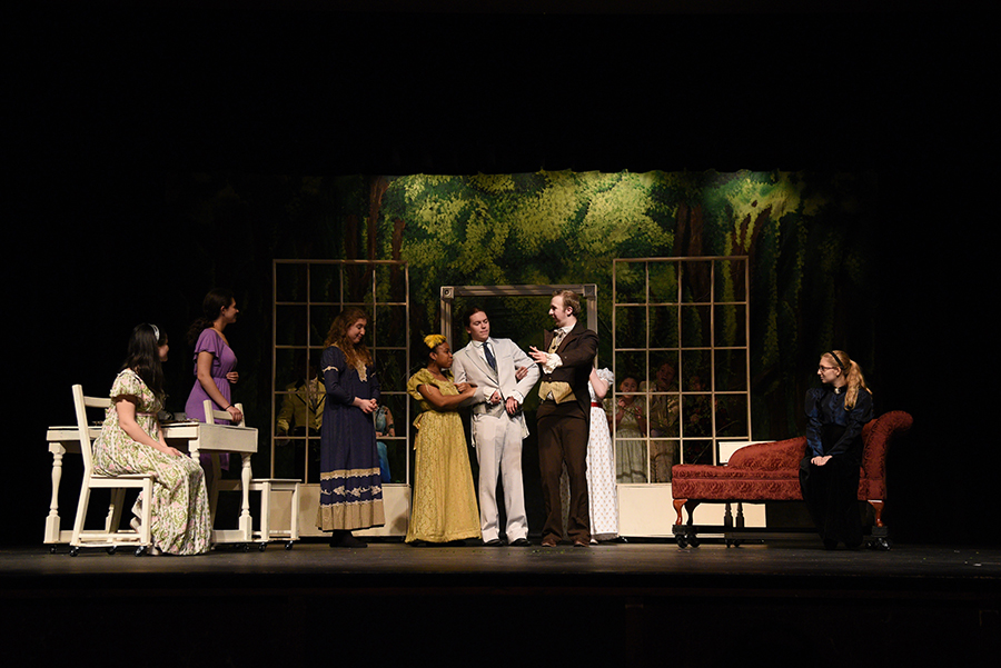 The actors pan out on stage while rehearsing the spring play Sense and Sensibility.