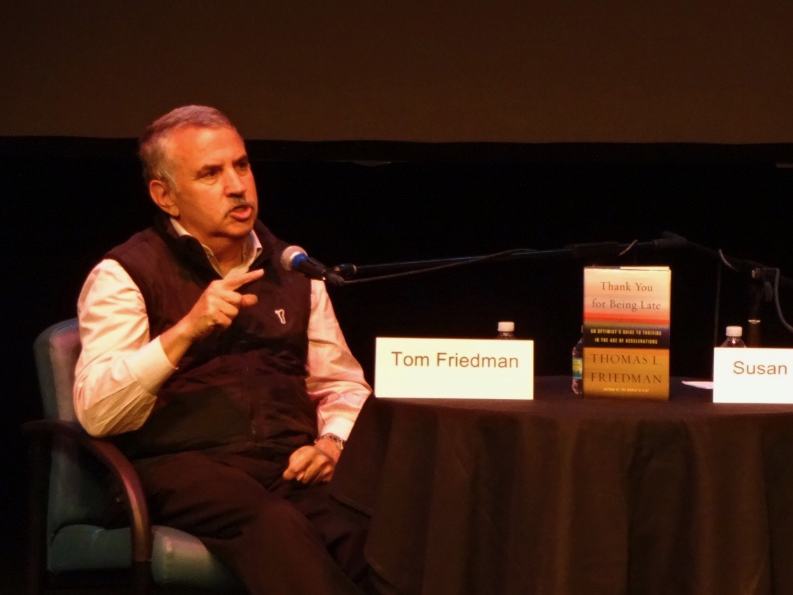 Journalist Susan Linnee interviews Park alumnus and distinguished journalist Thomas Friedman at the Sabes Jewish Community Center April 30. Fundraising from the event goes to support the St. Louis Park Historical Societys fund for construction of a history center. 