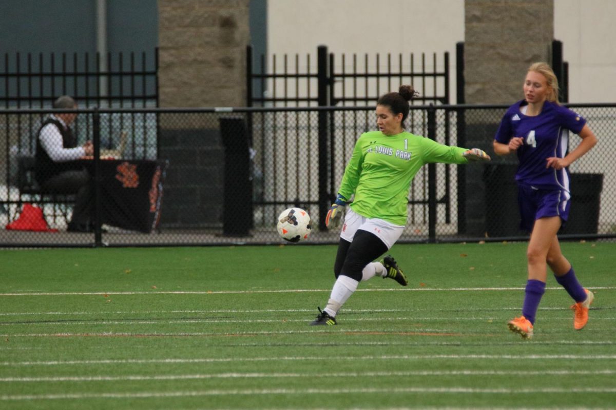 Senior Olivia Massie swings to punt the ball up the field. Massie posted a shutout in Parks 1-0 victory over Minneapolis Southwest. 