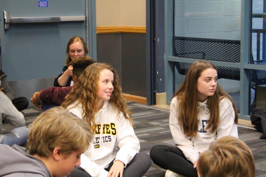 Freshman Katie Casey and Sophie Livingston play two truths and one lie as one of their activities at the respect retreat. Freshman students attended the St. Louis Park Rec Center or Westboro Baptist Church for the retreat Oct. 31.