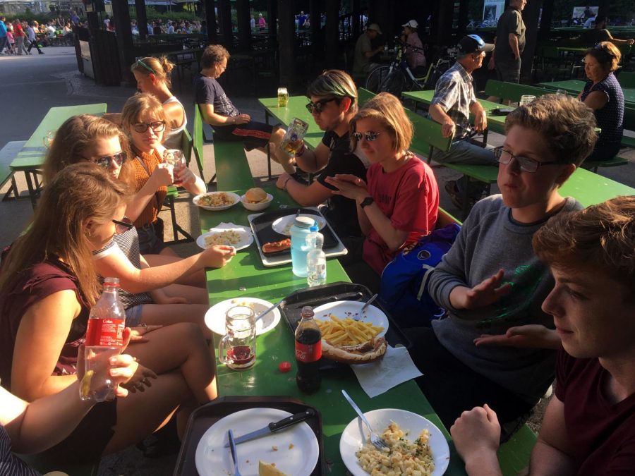 Park Students eat lunch at a famous Biergarten after a historical bike ride around Munich. The students lived with host families in the German town of Bensheim and their host siblings will be visiting Park in February. Photo used with permission from Shari Fox.