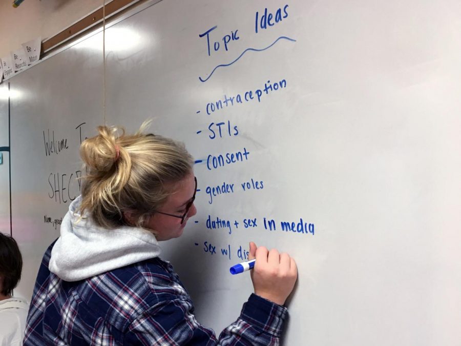 Senior Chloe Schaeher writes down ideas about what club members hope to discuss during the year. The clubs next meeting is Oct. 26 at 8 a.m. 
