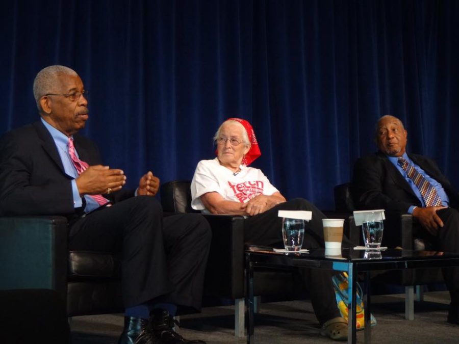 Freedom Rider Dr. Rip Patton shares his story with the 51 Free Spirits June 21. Joan Trumpauer Mulholland and Rev. Bernard LaFayette, pictured to the right of Dr. Patton, also shared their stories at the 2017 Al Neuharth Free Spirit and Journalism Conference. 
