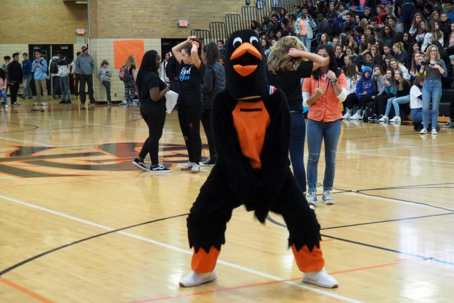 Senior Joe Holloway shows his park pride by dancing in the Orioles mascot costume. Holloway also DJd for the pep fest.
