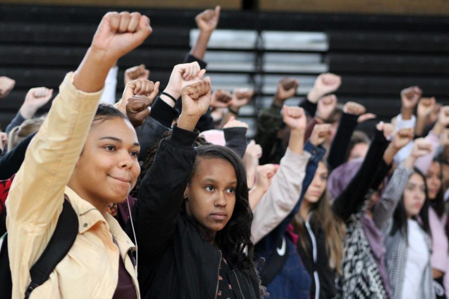 Students met in old gym to protest the events at Chaplin Park on November 10th during fourth period. Students rose fists for photo to express Parks solidarity with Chaplin Park. 