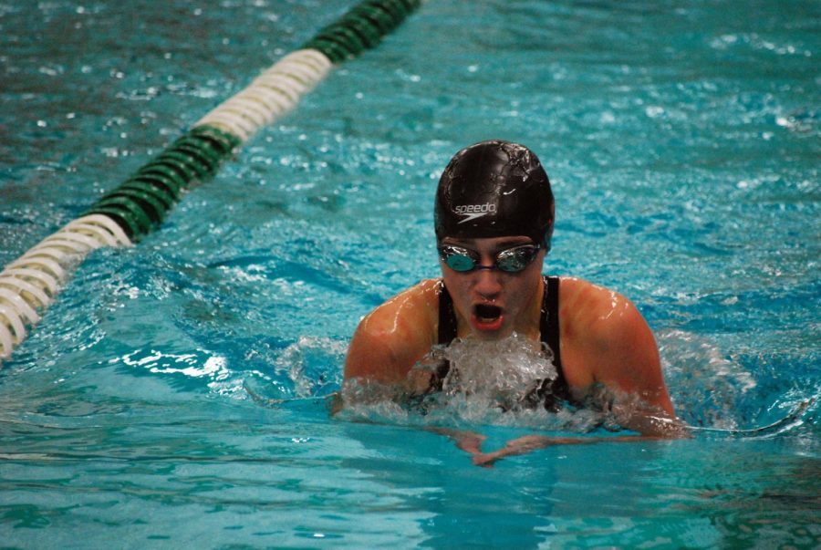 Freshman Lily Metzler swims breaststroke during the 200-yard individual medley at the varsity sections meet Nov. 9. Section Championships take place Nov. 11 at 1 p.m. at the Art Downey Aquatics Center. 