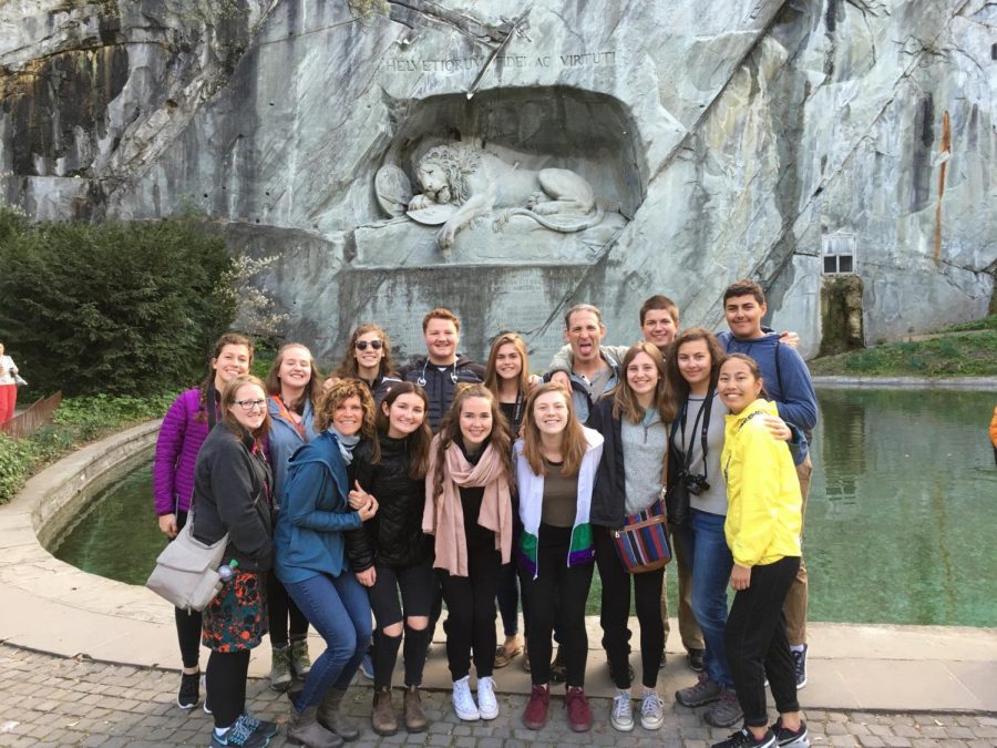 Participants in the Europe spring break trip last year pose for a photo in Switzerland. AP European History teacher Jeff Cohen is taking students to Spain and Portugal this year.