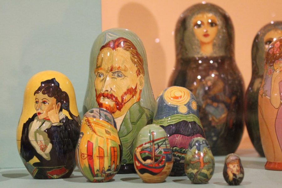 A nesting doll set from the Matryoshka exhibit features famous paintings by Van Gogh.