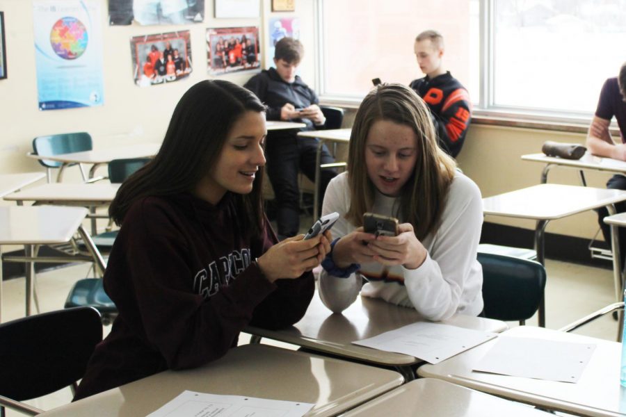 Juniors Lily Kulevsky and Claudia Stone take the Student Engagement Survey during their math class on Dec. 18. The Student Engagement Survey helps teachers learn how to improve different areas in the classroom.