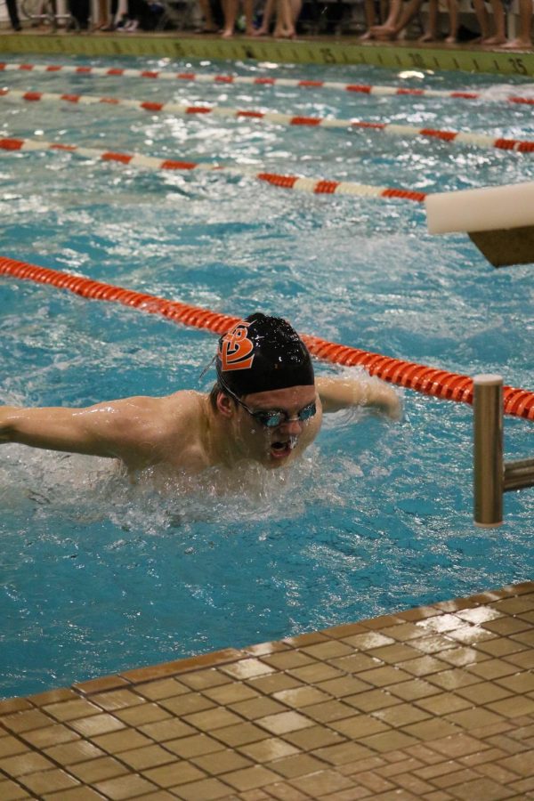 Senior captain Adam Recknagel swims the third leg of the 200 IM relay in Parks meet against Bloomington Jefferson on Tuesday. Park won the meet 61-33.