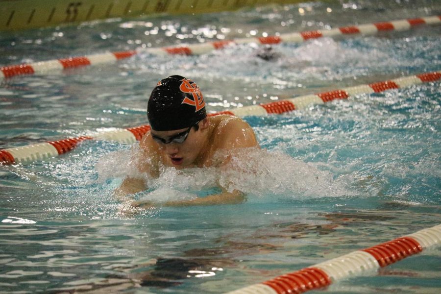 Freshman Hayden Zheng swims the 200 IM. Zheng broke his own pool record with a time of 1:54.