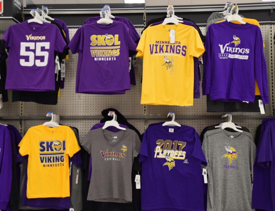 Array of Vikings apparel displayed at Target. The Vikings play the Philadelphia Eagles Sunday Jan. 21.