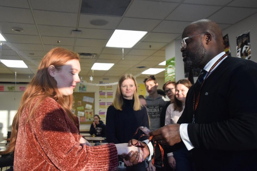 Superintendent Astein Osei greets the incoming German exchange students Jan. 29.