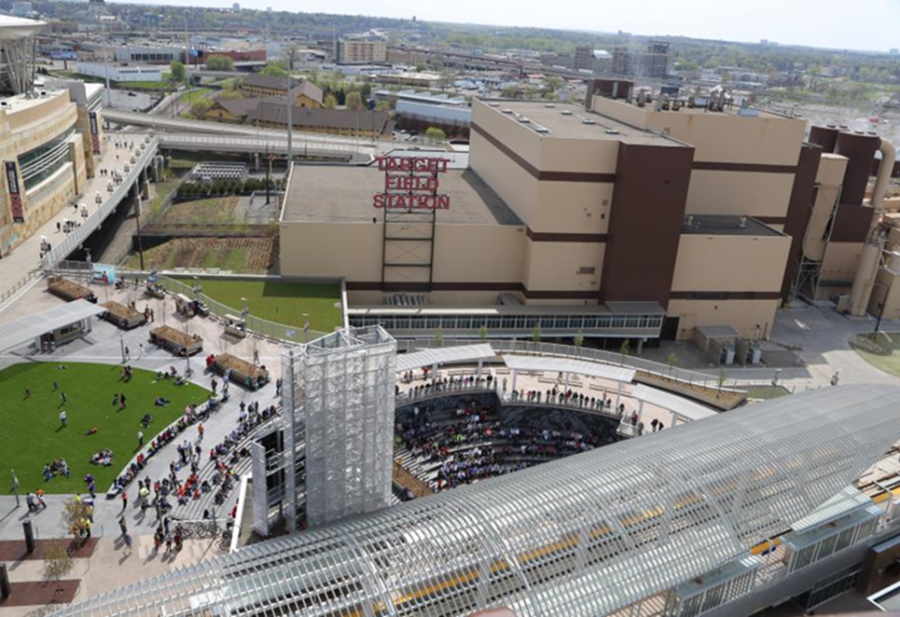 Birds-eye view of the Hennepin County Recovery Center located in Minneapolis. Target Field is located near the center. 