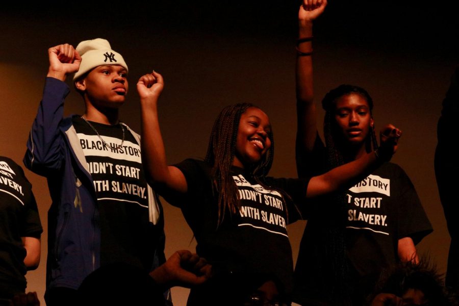 Senior Tanaya Fanning dances alongside fellow seniors Aramis Nolen and Immaculate Ombaba during the Black History Month performance. Students presented poems, videos and dances during the two performances. 