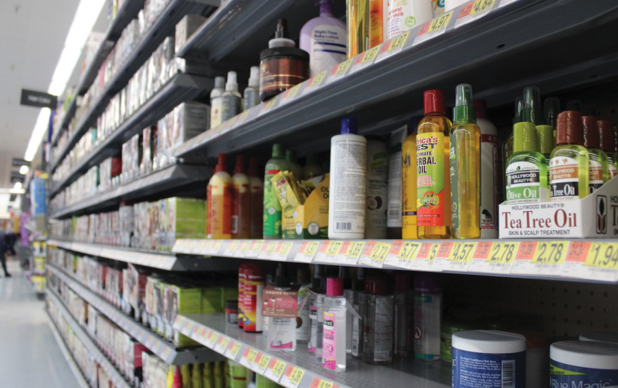 Hair care products line the shelves at Walmart in Eden Praire, which does not restrict its hair products.