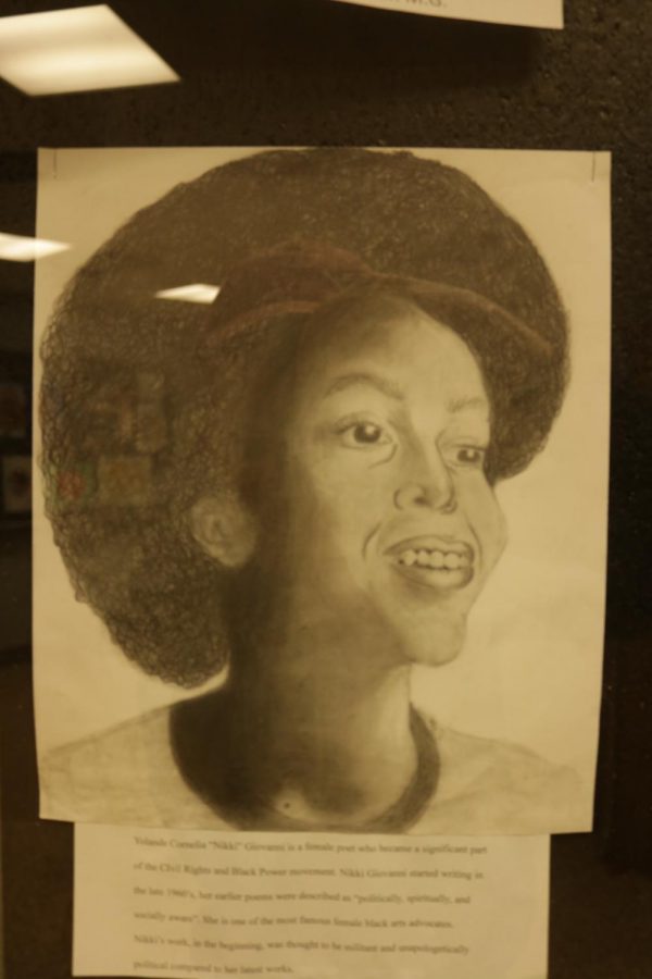 Junior Ava Townsend said she chose to draw Nikki Giovanni because her poetry is inspiring to her.

“I chose draw Nikki Giovanni because she had very important role in the black power and black arts movement. She’s inspiring because her poems have been described as militant at first just because she was very into her cause and I really admire that about her. Her poems get really deep and personal,” Townsend said. 
