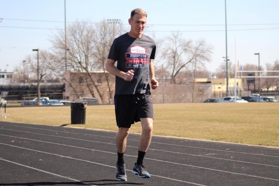 History teacher Jeffrey Cohen trains at the St. Louis Park High School track after racing the Boston Marathon April 16. He ran a time of 3:21:44.