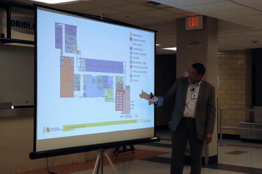Facilities manager Tom Bravo explains the new updates to Park April 18 during a community meeting.