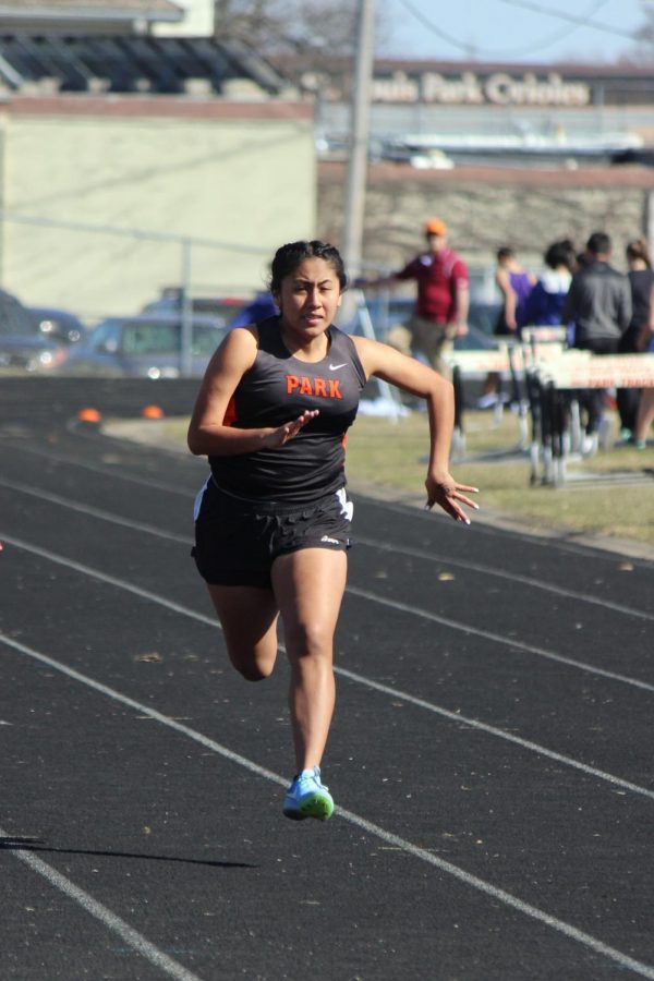 Sophomore Stephanie Perez ran the 200 meter sprint event at SLP on April 26th.