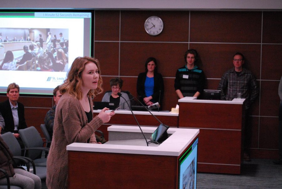 Senior Katie Christiansen speaks in support of the Climate Action Plan before the St. Louis Park City Council Feb. 5.