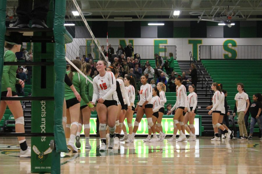 At the end of the match, players lined up to high five the opposing team. This game concluded Parks 2018 volleyball season.