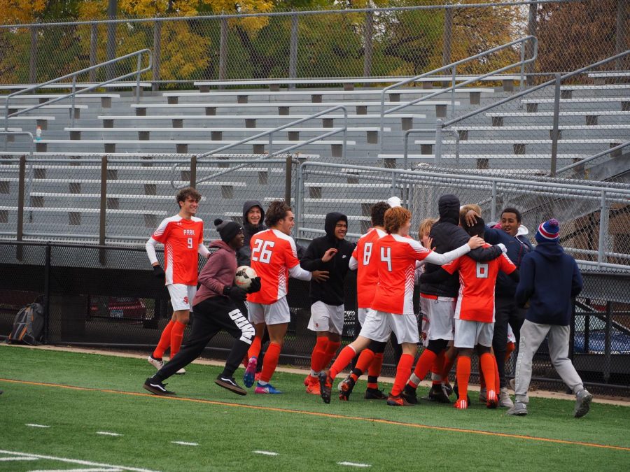 Park celebrates after junior Randy Mayele scores in the section semifinal against Kennedy Oct. 13. They won the game 2-1 and went on to play Wayzata in the section final Oct. 16. 