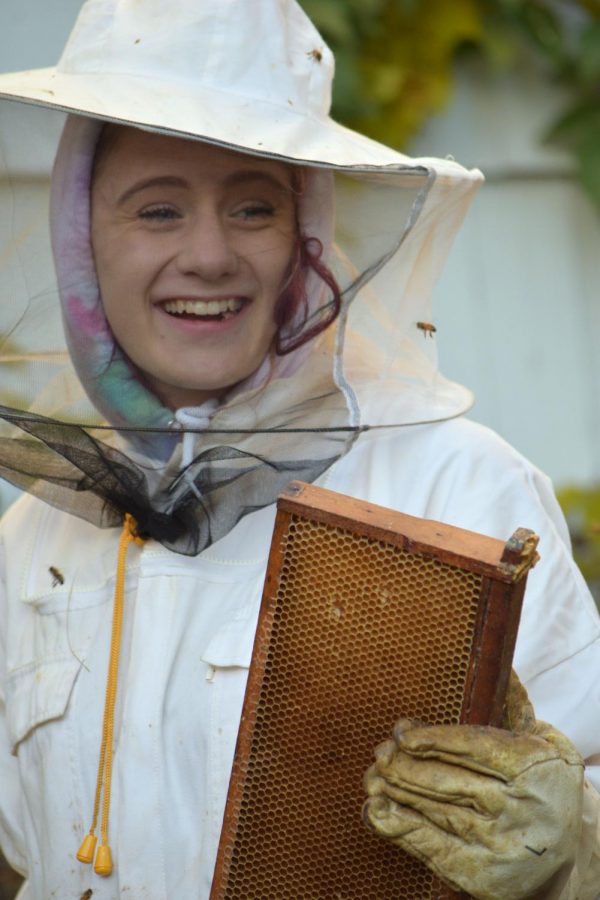 With bees swarming around her and a honeycomb frame in hand, Franklin smiles from beneath her protective suit.