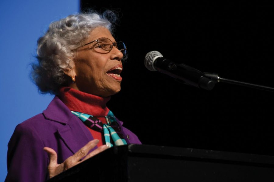 Vote: Civil Rights leader Dr. Josie Johnson speaks to the senior class at the voter registration assembly Sept. 26. Johnson encouraged seniors to keep her legacy alive by voting.