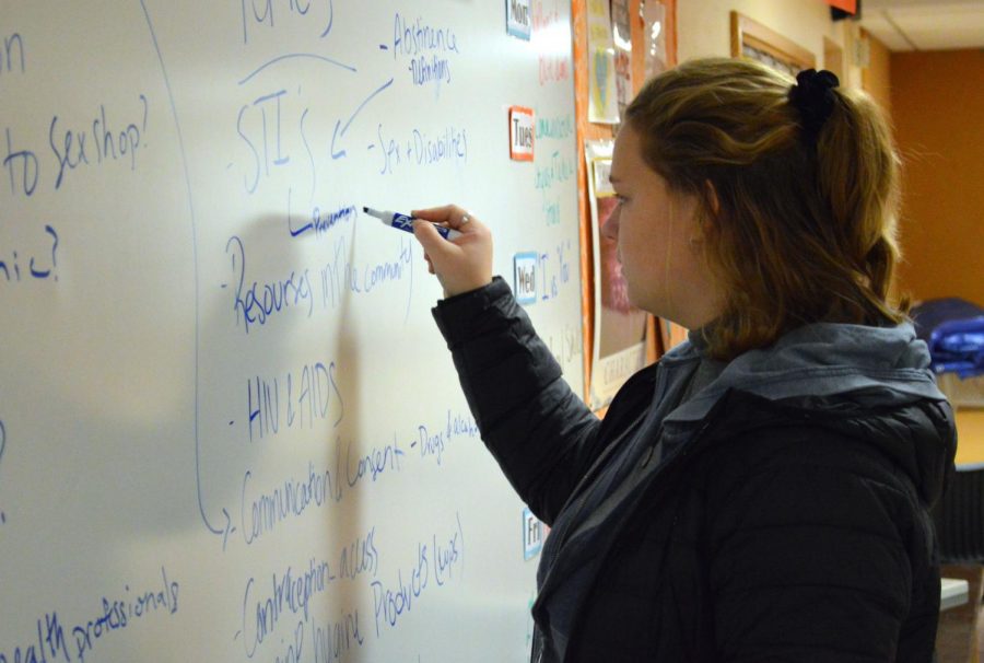 SHEC president Erica Dudley writes down ideas for the upcoming year Nov. 8. The topics brainstormed for future meetings included consent and contraception.