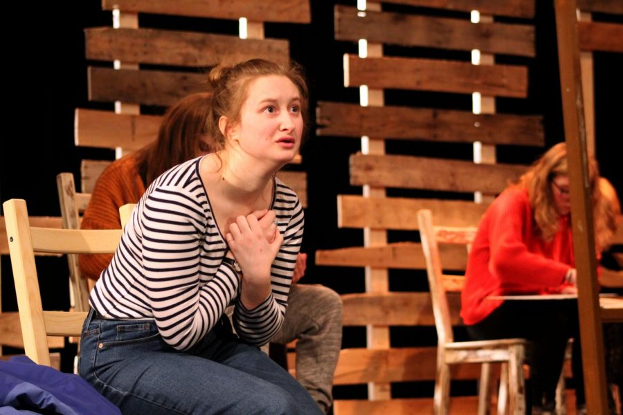 In preparation for the play sophomore Emily Turnquist delivers an emotional monologue at practice Dec. 11. After the performance the cast and crew allowed for questions from the audience on the making of the play.