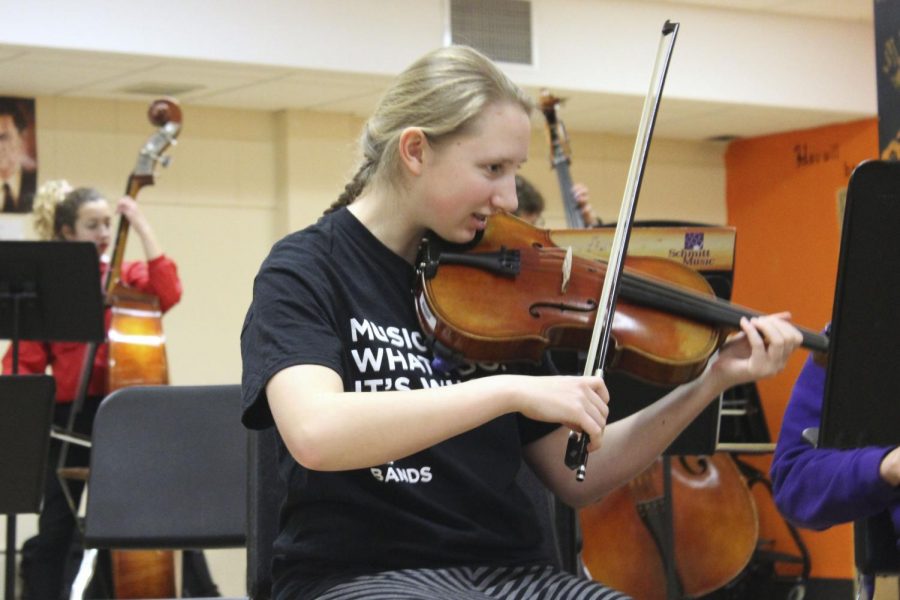 Sophomore Amara Foner plays the viola at Orchestra practice Friday the 15th. This is one of six instruments that she plays as well as composing the score for a musical. 