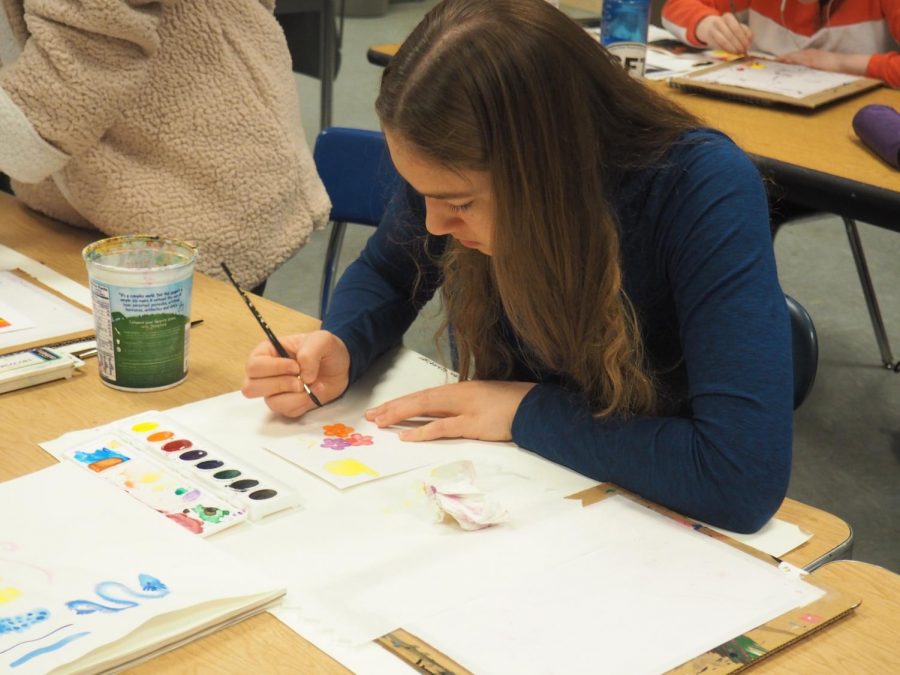 Junior Lauren Schmelzer paints with watercolors in Martha Ortmans painting class March 8. On her own time, Schmelzer takes nature photography and sells her work at the Nest. 