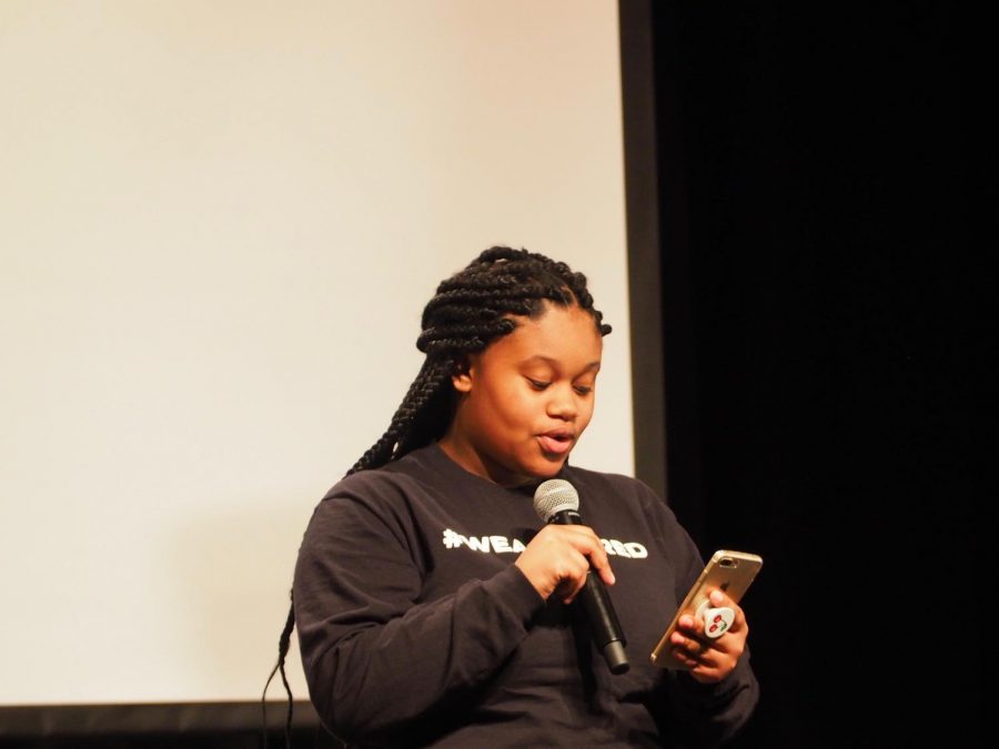 Junior Lyric Robinson gives a speech immediately after the video shown to students, teachers, and administrators for Black History Month. The presentations big picture was that the work being done to create a positive change, will remain ineffective unless everyone works together and fights hard towards a better future. 