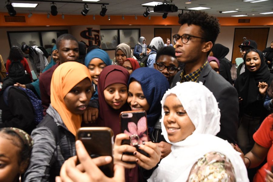 Following the discussion with students April 23, Rep. Ilhan Omar took selfies and photos with students such as student Helen Tejera who had come to hear Omar speak. 