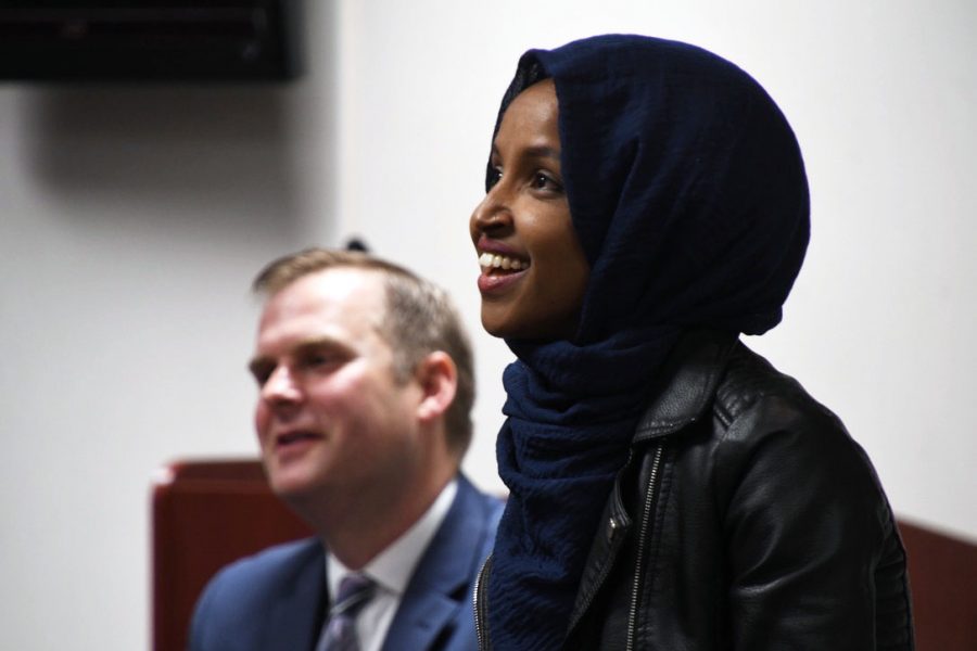 Rep. Ilhan Omar laughs at a comment made by a student during the discussion section of her appearance at Park April 23. 