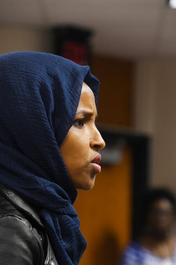 Rep. Ilhan Omar ponders a question asked by sophomore Samiya Mohamed about fighting for the right to wear her hijab on the house floor.  