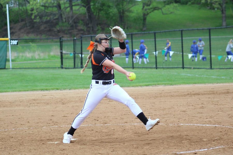 Freshman Sophie Schmitz pitches during their last Section game against Armstrong May 23. Park lost 9-14 and finished the season with a record of 2-16. 
