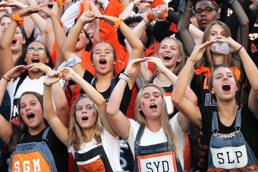 Senior ladies lead a chant to cheer for the football team at the Homecoming football game Sept. 20. Seniors pumped up the crowd as Park played against Spring Lake Park.