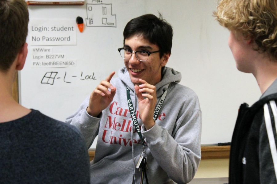 Senior Michael Ramirez discusses strategy for Park Techs next project during a meeting after school Oct. 2. Ramirez specializes in software and digital aspects of the club.