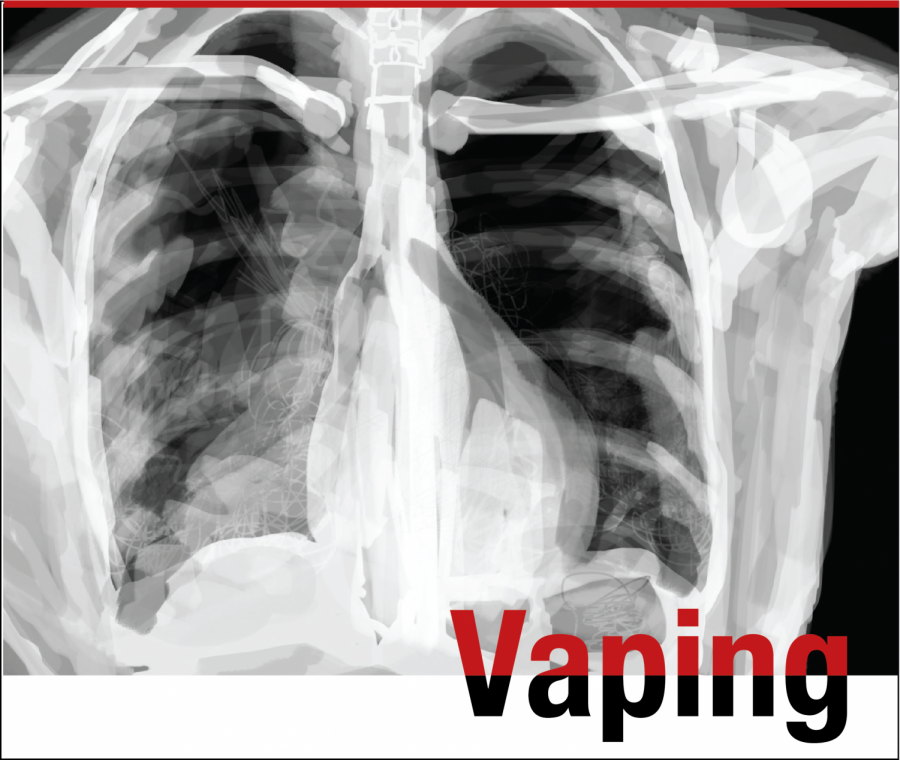 Art by Maggie Klaers. According to pediatric lung specialist Dr. Brooke Moore, when looking at an x-ray of healthy lungs, the lungs should appear dark black, as they are filled with air. However, as of Oct. 1, over 1000 cases of a vaping-related illness have been reported. This illness causes otherwise healthy teens to present with pneumonia-like x-rays. White fluffy clouds of inflammation replace the black coloration of air in the x-ray.