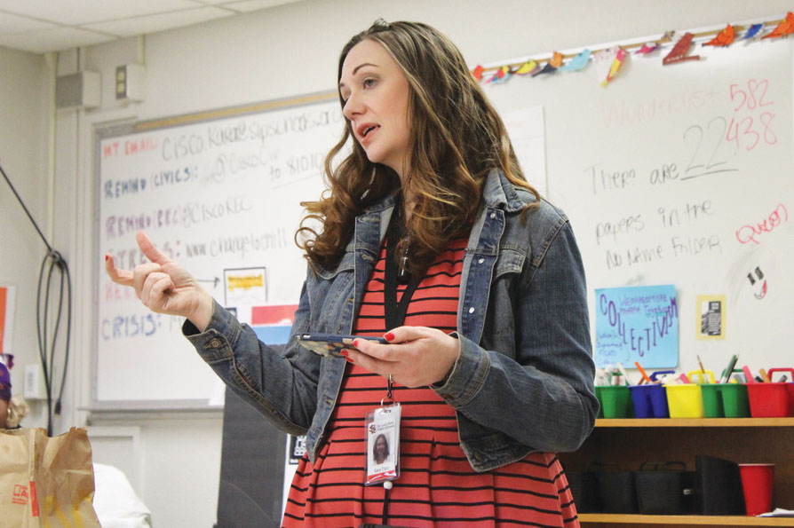 Social studies teacher Kara Cisco speaks to her sixth hour class Jan. 31. The ceremony honoring those awarded will be March 1 at the Mankato Civics Center.