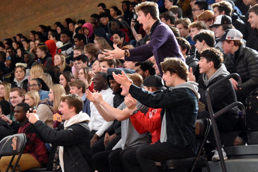 The senior section cheers during the pep fest Feb. 14. The pep fest took place between third and fourth period.
