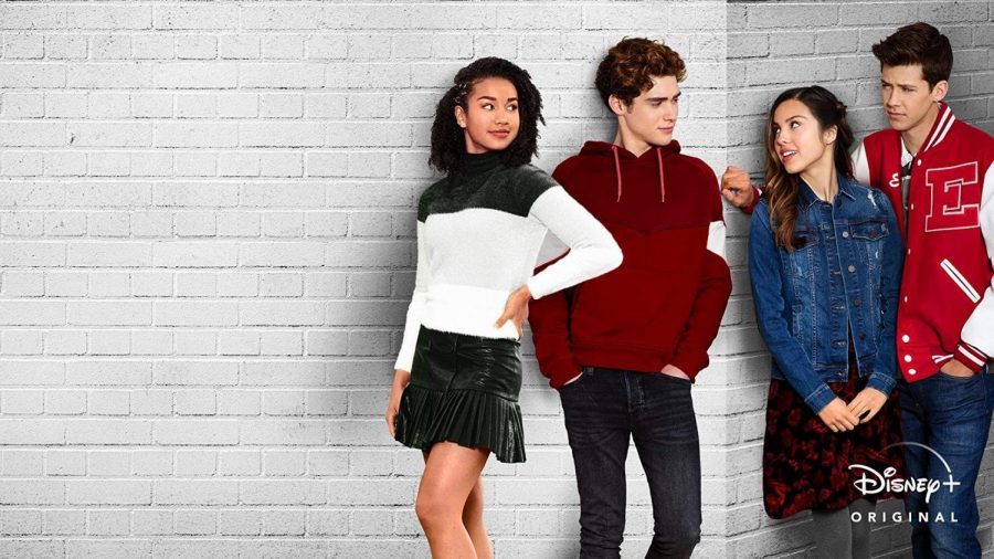 Fair use from Disney+: Main cast members of High School Musical: The Musical: The Series pose for the main poster. From left to right there is Gina (Sofia Wylie), Ricky (Joshua Bassett), Nini (Olivia Rodrigo) and EJ (Matt Cornett).