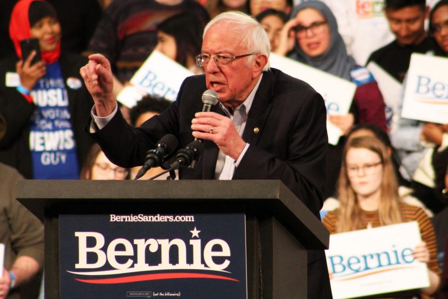 Vermont Sen. Bernie Sanders speaks to the crowd at his rally March 2 at the St. Paul RiverCentre. Minnesota, along with 13 other states, will be voting on Super Tuesday March 3.