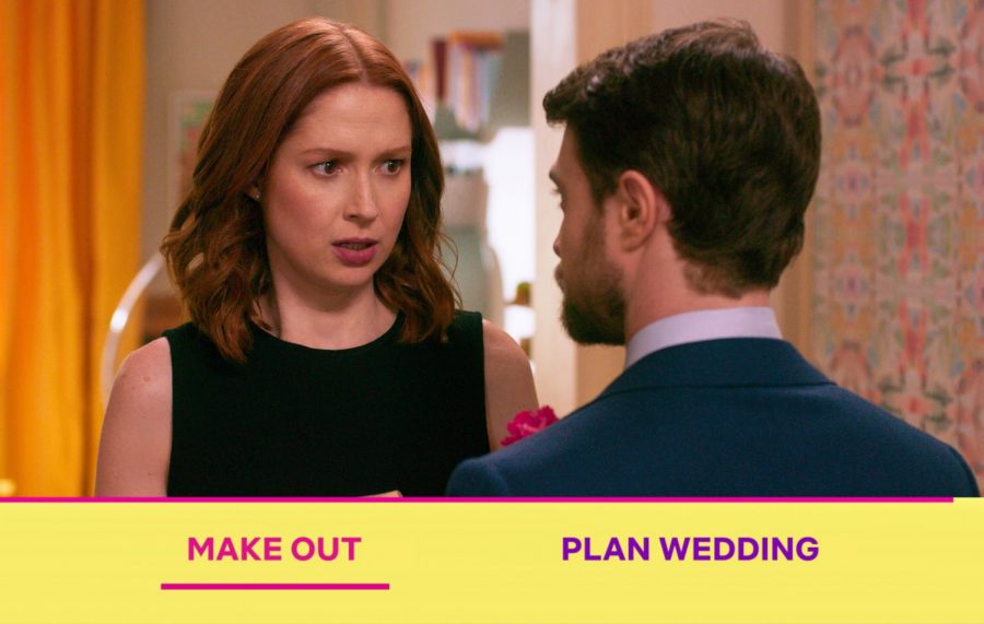 Fair use from Netflix. Kimmy Schmidt (Ellie Kemper) talks to Prince Fredrick (Daniel Radcliffe) about what they should do. The choices are shown on the bottom for viewers to decide what happens next. 