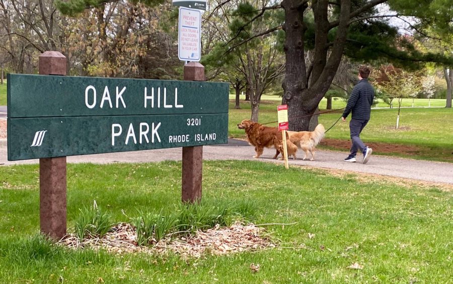 Park student walks his two Golden Retrievers in Oak Hill Park. The park’s trails remain open but many of its facilities remain closed due to COVID-19.